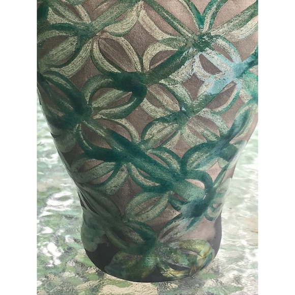Oval RAKU Pottery Vase with Green Geometric Design - Picture 5 of 6